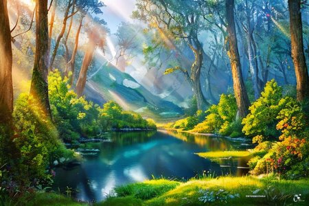 (masterpiece:1.2), (best quality,:1.2), 8k, HDR, ultra detailed, ((photorealistic)), professional light, cinematic lighting, fashion photography, ambient lighting, face lighting,  <lora:detail_slider_v4:4.>, a small lake in a forest, sunlight, godrays, reeds, FanFo, <lora:FantasyForest-10:0.9>, epiCPhoto