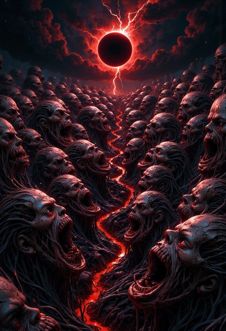 Cinematic wide shot of a twisted, endless landscape composed entirely of disfigured human faces, tightly stitched together with sinewy, vein-like threads. Each face is fused directly into the next, creating a grotesque tapestry of flesh. The faces are stretched, contorted in silent, eternal screams, with hollow eyes that stare into nothingness, expressing agony. Dark, oily blood seeps from their mouths and the seams, pooling in cracks between the faces. The landscape is uneven, like a field of writhing skin, with faces subtly shifting and struggling as if trying to break free from their eternal torment. Above, a black sun eclipse casts a sickly, reddish glow, bathing the scene in deep shadows and blood-red highlights, enhancing the visceral horror. Brief flashes of crimson lightning illuminate the slick, wet texture of the skin and the pained expressions of the faces. The atmosphere is suffocatingly dark, with every detail hyper-realistic—flesh tones are muted, blending with the shadowy blacks and deep crimson, giving the scene a deeply unsettling, nightmarish feel.