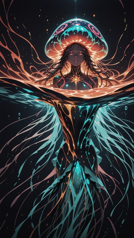 anime, comic, dynamic angle, masterpiece, best quality, 8k, beautiful, hot, seductive, (eye contact: 1.1), (looking at the viewer), brown eyes, beautiful face, hyper detailed, ultra high resolution, woman, swimming, extra long hair, wavy hair, coral reef, under water, detailed eyes, luscious lips, (bright studio lighting:1.2), f2, 35mm, film grain, underwater_scene, (huge jellyfish as a pump hood:1.2), bioluminescent dress, woman Illuminated by the ethereal glow of bioluminescent jellyfish, underwater volcano, the lava spreads in the water, surrounds the woman, lava merges with the water current in the most beautiful setting of pure chaos, romantic atmosphere, under water, bioluminescent structures, symphony of water and joy, soft illumination, zentangle, mandala, tangle, entangle, (fractal art:1.2), (hyperdetailed:1.2), (intricate details:1), (Refined details:1.2), (detailed radiant face:1.1), liquid hair, jedsplu,jedsplu style,psychedelic colors <lora:Psylustrious:0.7>, bioluminescence, black background, very dark, neon glow,  <lora:reij-detaILer:0.6>