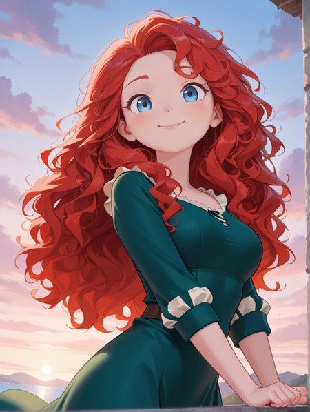 masterpiece, best quality, amazing quality, very aesthetic, absurdres,  newest, detailed background, outdoors, dynamic angle, cowboy shot, 4k,8k
meridaxd, 1girl, solo, long hair, red hair, blue eyes, smile, cute pose, green dress, curly hair, looking at viewer, medium breasts, 
 <lora:Merida_-_Disney_Illustrious:1>