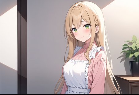 (extremely detailed CG unity 4k wallpaper),(masterpiece),(best quality),(ultra-detailed),(best illustration),(best shadow),(absurdres),(detailed background), (high res image), (High image quality),(Looking at the front),(looking at the audience),(Upper Body),
（Pink shirt,）,She's wearing a white frilly apron,
1girl, solo, 
Blush, smile,
long hair, Large breasts,
Braided long hair, blonde, Green eyes,
evening,
I peer at him from the living room.
