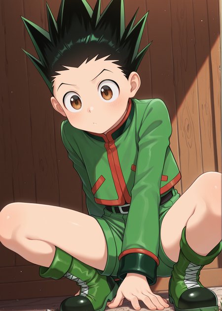 masterpiece, best quality, absurdres, amazing quality, 1boy, solo,  <lora:IlluGon-000010:1> illugon, black hair, green hair, spiked hair, brown eyes, green boots, green shorts, green jacket,