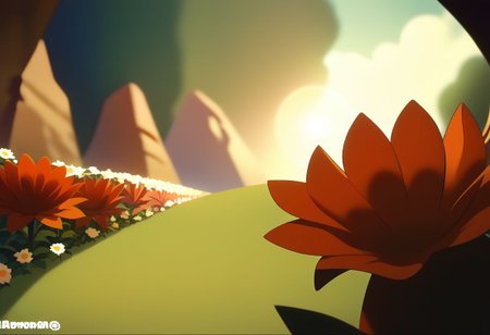 score_9, score_8_up, score_7_up, (masterpiece, best quality, ultra detailed, cohesive), Valley with Purple, Red and White flowers, Sky above with a single Pale Rainbow, highly detailed, rays of sunlight, small wispy clouds, extremely detailed, ultra-detailed, ultrarealistic, hyperrealism, photorealistic, Film Grain, Depth of Field, Lens Flare, flat colors, flat art style, 2d Disney style, paper art, simple colors
