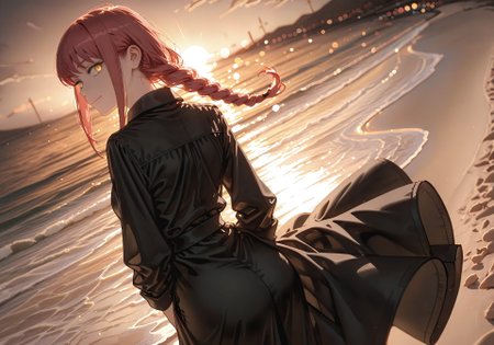 ((smile,looking back,standing:1.5))

((1 girl,Makima, ringed eyes,  red hair, braided ponytail, bangs, yellow eyes, sidelocks, medium hair, long hair,glowing eyes))

(Black dress:1.5)

(Beach:1.5),(sunset:1.5),(golden hue,golden sky,golden light)

((negative space:1.1)),((dynamic angle:1.1)),((foreshortening:1.5)),((extreme perspective:1.4)),(dynamic pose:1.5)),(bokeh around character:1.2)

artist:moriimee,Smooth_Quality,amazing quality, ((aesthetic:1.3)),((4k,8k,Ultra HD)),((Masterpiece :1.2)),((Best quality :1.2)),((Detailed :1.5)),((Detailed background :1.5))