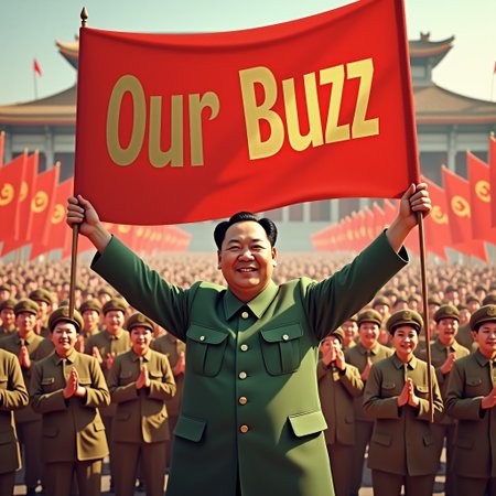 Create a powerful image set in the 1960s in communist China, showing Chairman Mao Zedong standing prominently, holding a large red banner with bold golden text that reads 'Our Buzz.' Mao, wearing his iconic green military-style suit, should have a determined and charismatic expression. Behind him, a crowd of enthusiastic workers and peasants, waving red flags and clapping, fills the scene, creating a sense of unity and revolutionary fervor. The atmosphere should reflect the grandeur and energy of a communist rally, with banners bearing slogans and symbols of the People's Republic of China decorating the backdrop. The lighting captures a bright, clear day with soft shadows, evoking both political strength and optimism. The overall ambiance should reflect the iconic revolutionary spirit of 1960s communist China.