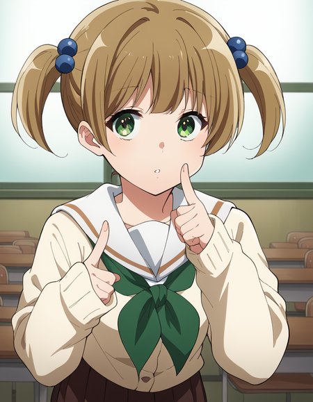 score_9, score_8_up, score_7_up, source_anime, <lora:satsuki-suzuki-s3-ponyxl-lora-nochekaiser:1>, satsuki suzuki, short hair, bangs, brown hair, hair ornament, twintails, green eyes, light brown hair, hair bobbles,, long sleeves, school uniform, serafuku, sailor collar, neckerchief, sleeves past wrists, cardigan, white sailor collar, kitauji high school uniform, green neckerchief, skirt, pleated skirt, brown skirt,, school, classrooms, students, teachers, learning, , <lora:finger-to-cheek-ponyxl-lora-nochekaiser:1>, finger to cheek, index finger raised, pointing at self, bedroom, parted lips, leaning forward, bent over, cowboy shot, dutch angle,, looking at viewer, solo,, dutch angle, cowboy shot