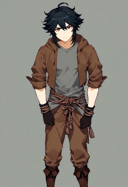 Score_9, score_8_up, score_7_up, Genshin Impact Style, source_anime, cave shaft, stone walls, 1man, solo, standing by cave wall
Black hair, brown hoodie, brown hood, bangs, tall man, staring at viewer, facing viewer, brown eyes, serious, grey shirt, black cloth over shoulders, long sleeves, rolled sleeves, cloth gloves, brown pants, rope belt, brown boots, wrapped pants