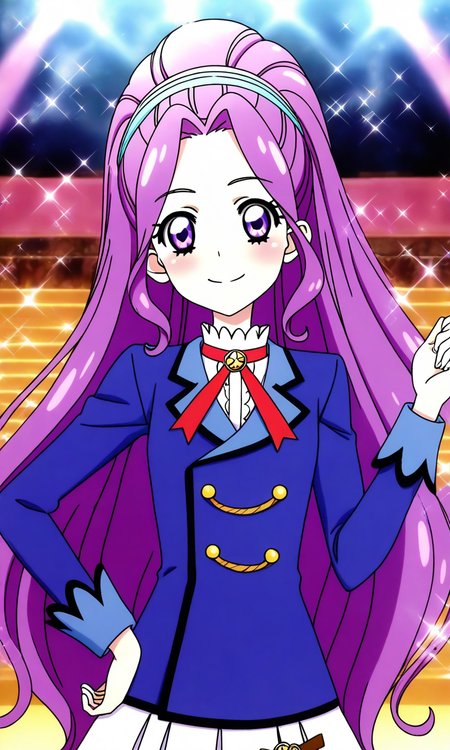 general,highres, ultra-detailed,very aesthetic,best quality ,best hands, BREAK <lora:Kanzaki_Mizuki_aikatsu!_IS:1>
kanzaki_mizuki(aikatsu!), 1girl, solo, purple hair, purple eyes, long hair, ponytail, high ponytail, hairband, very long hair,
starlight academy school uniform,
smile, happy,
sparkle, hand on hip, stage,