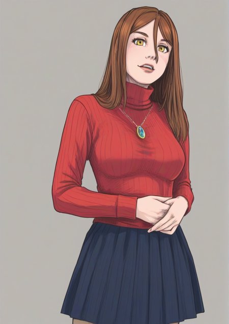 1girl,black skirt, brown hair, dutch angle, grey background, hair between eyes, jewelry, long hair, long sleeves, looking at viewer, pendant, red sweater, ribbed sweater, skirt, solo, sweater, turtleneck, turtleneck sweater, very long hair, yellow eyes, zPDXL3  <lora:davethebiggest:1>