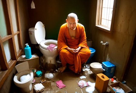 highres,4k,8k,RAW photo, Buddha, hobo-monk, Silhouettes of dazzling,rich colors,<lora:add_detail:0.7>,  award-winning, professional, highly detailed, meditating, easynegative, ruanyi0181,indoors,toilet, Buddha, monk in rags, DeepNegative_xl_v1, dirty toilet, mess, broken furniture, broken closet, dirty closet, poverty, dirt