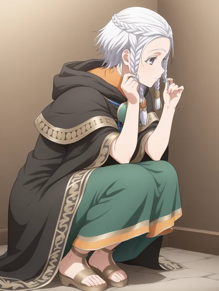 perfect quality,best quality,absolutely eye-catching,ambient occlusion,raytracing BREAK
1girl,<lora:amina IL v1.1:0.8>,amina,braid,white hair,black cloak,dress,sandals,national costume,, from_outside,profile,leaning_to_the_side,hair_twirling,shou,squatting,_open_legs,