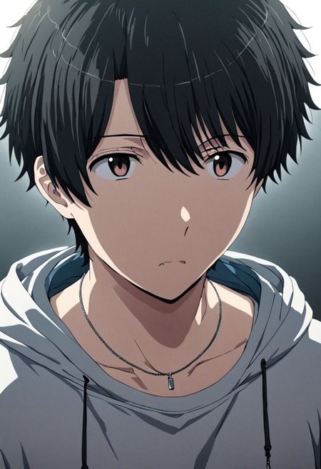 high resolution, solo, best quality, 1Boy, Inaho Kaizuka, Black Hair, bangs, necklace, choker, hair between eyes, Hoodie, OverallDetail
