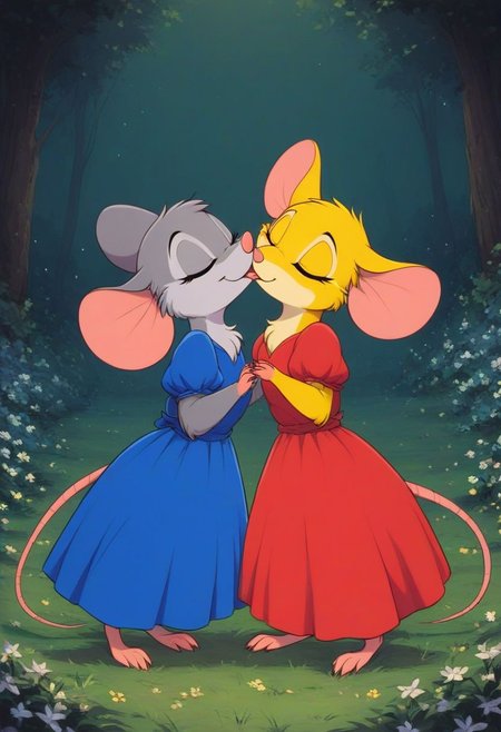 score_9, score_8_up, score_8, duo, (fluffy:0.8), (feral:1.5), field, furry, (((mouse))),  chest, claws, (fluffy cheeks:0.7), (duo:2), j_cartoon, (portrait:1.5), cute, hug, french kiss, kiss, side view, romantic
BREAK
female, eyes closed, (gray fur:1.2), (blue dress), 
BREAK
female eyes closed, yellow fur, (red dress),