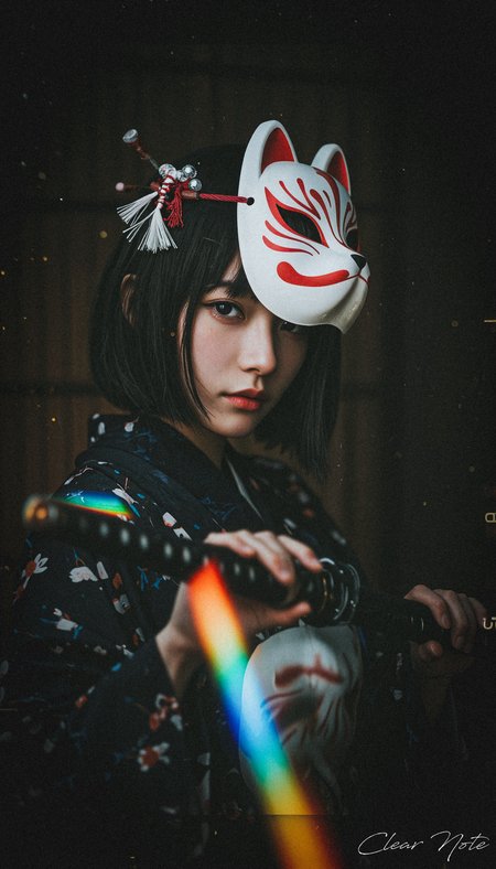 Japanese Culture Style, Emotional Photos, 35mm film, Young Japanese Woman, Reflection of light, Wearing a fox mask, Hold the katana