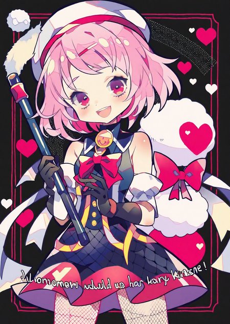 1girl, solo, holding, fishnets, pink hair, fishnet pantyhose, gloves, hair ornament, pantyhose, pink eyes, smile, medium hair, black gloves, open mouth, bangs, black background, detached sleeves, hat, hairclip
best quality, masterpiece,
anime anime screencap,  pixiv request, 
(by yumenouchi)