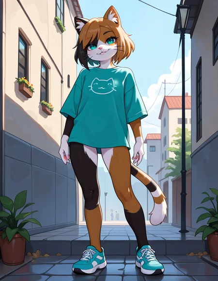masterpiece, best quality, very aesthetic, absurdres,
outdoors, casual, 
full body, standing, posing, 
seductive smile, parted lips, long eyelashes,
 <lora:Kawa_v01_NAIXL:1>
K4w4,1girl,solo,furry,furry female,cat girl,short hair,multicolored hair,cat ears,aqua eyes,slit pupils,snout,animal nose,whiskers,body fur,two-tone fur,cat tail,striped tail,