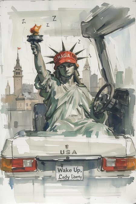 Wcol style. Sketch painting of the Statue of Liberty, seated in the driver's seat of an oversized car. She's wearing a bright red MAGA hat, withe the word "MAGA" written on it, and she is sleeping, one hand lazily gripping the wheel while her torch rests on the passenger seat. The car's dashboard has a classic "USA" emblem, and there are tiny Z's floating above her head, showing she's drifting into sleep.
Outside the car windows, familiar American landmarks blur past, adding to the sense of her dozing while at the wheel. A quirky bumper sticker on the back of the car reads: "Wake Up, Lady Liberty!"
 <lora:schnell_v1.0:1.0> <lora:Eldritch_Paint_Sketch_for_Flux_1.0.5:0.7> <lora:FLUXWatercolorV3:0.8><lora:791730848539069579:0>