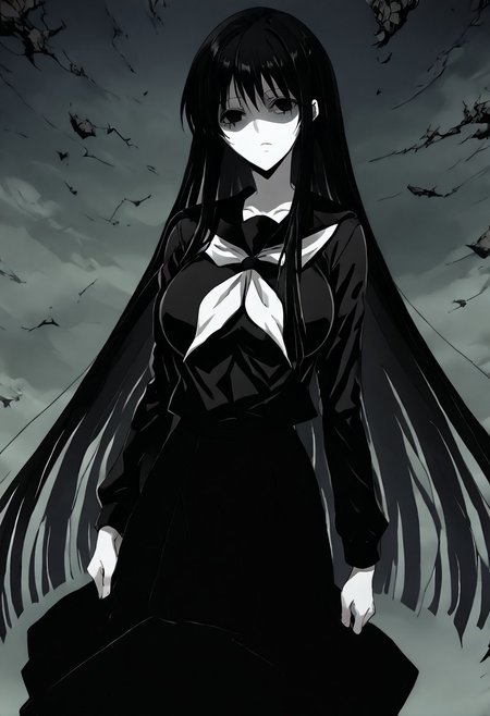 score_9, score_8_up, score_7_up, score_6_up, score_5_up, score_4_up, source_anime, 1girl, 1others, solo, 
hagoromogitsune,monochrome girl,shaded face,empty eyes,black hair,pale skin,white skin,large breasts,very long hair,
school uniform,black serafuku,serafuku,black shirt,black skirt,
masterpiece, best quality, very aesthetic, absurdres,