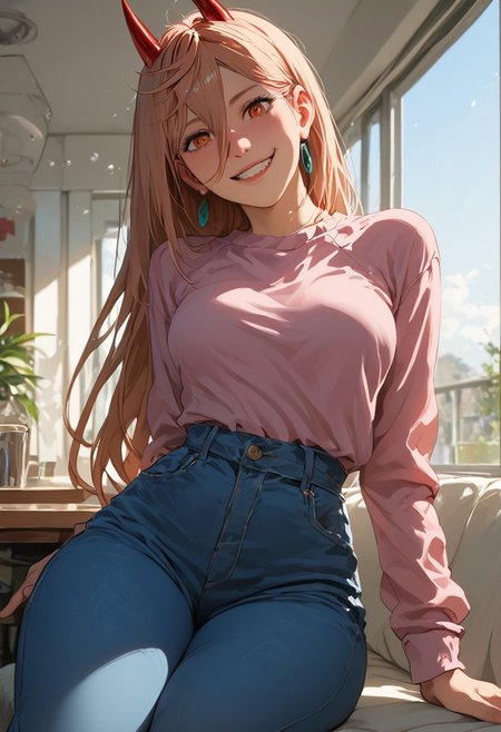 masterpiece,best quality, highly detailed, score_9, score_8_up, score_7_up, score_6_up, hyperrealistic,
 BREAK
 1girl, (((Power from Chainsaw Man, sexy, adult, red horns, slender, thick thighs ))), perky breasts, thick thighs,  (((sexy pose, closeup, focus on face, waist up photo, portrait)),
, (((jeans, high waist jeans, midriff, pink shirt,, closeup, looking at viewer,, drunk, shy smile)))
((Sitting,, cafe,, cute, ))),, coffee shop, morning, by window, shadows, (((sexy setting,view from front or side, thighs focus, eye level, sunlight on body romantic, hidden))); , , vibrant colors, soft focus, textured surfaces, depth of field, dim, rich details,,background, (((solo)))