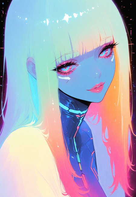 safe_pos, very aesthetic, best quality, amazing quality, masterpiece, newest, shiny highlights, sensational, Soft and warm color palette, subtle details, surreal and eerie  cyberpunk ambient, cyberpunk, 1girl, seductive,  bright surreal background, xxx667_illu,glowing