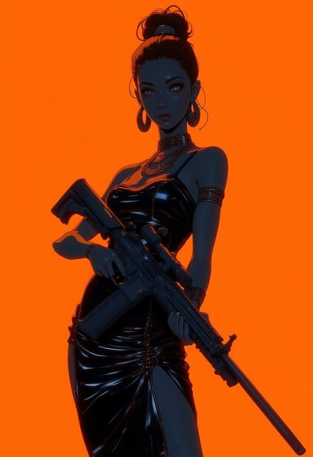 ((A striking woman in a tight, shimmering black prom dress stands confidently, her form-fitting gown adorned with tiny sparkling particles that catch the light, creating an ethereal glow. She holds a sleek, modern rifle in a poised shooting position, her gaze focused and intense. The delicate glitter of her dress contrasts with the deep orange background, giving a surreal and glamorous edge to the scene. Her figure exudes elegance and power, blending the soft shimmer of the dress with the precise lines of the rifle, creating a captivating and unique visual.))