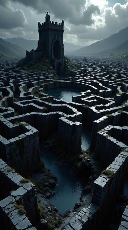 A labyrinth of shifting stone walls and thorny vines sprawls across a cursed landscape, each turn leading to a darker, more twisted corner of the world. At its center stands a black tower, surrounded by a swirling pool of dark water. The sky is forever overcast, casting everything in a cold, grey hue. A wicked witch, with long, silver hair and eyes as black as the night, watches from the towerâs highest point. She controls the labyrinth, guiding lost souls to their doom with her cursed magic. Those who enter the labyrinth seeking to escape are doomed to become part of her dark collection, trapped within its walls forever.
