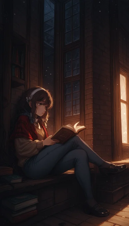masterpiece,
perfect eyes, vivid colors, vibrant colors,
pinkretroanime, retro art, (lineless:1.5), smooth edges, In the image, there is a young woman with dark hair and an attentive expression, seated in a dimly lit room with large windows that allow a soft glow to fill the space. She is comfortably settled on a window sill, her legs crossed. Dressed in a plaid shirt paired with jeans, she exudes a casual yet thoughtful vibe. In her hands, she holds an open book, its pages illuminated by the ambient light from the windows. The room itself has a rustic charm, with exposed brick walls that add to the warm and inviting atmosphere. A wooden bookshelf sits in the corner, filled with other books, suggesting a space dedicated to reading and learning. The woman's position on the windowsill provides a clear view of her engrossed in her book, highlighting the quiet solitude of the moment., 1girl, solo, long hair, looking at viewer, blush, short hair, bangs, skirt, brown hair, shirt, black hair, hair ornament, long sleeves, bow, ribbon, holding, hair between eyes, brown eyes, jewelry, sitting, closed mouth, blue hair, jacket, full body, hair ribbon, hair bow, pantyhose, sidelocks, thighs, hairband, outdoors, parted lips, necktie, shoes, day, striped, indoors, medium hair, necklace, black footwear, high heels, from side, sweater, legs, looking to the side, book, plaid, black pantyhose, window, capelet, night, looking away, expressionless, crossed legs, white bow, loafers, building, scenery, white ribbon, light particles, mary janes, ribbed sweater, holding book, shawl, white hairband, wooden floor, snowing, open book, door, bookshelf, reading, brick wall, book stack, cable knit, wooden wall, bookmark, looking outside, windowsill
