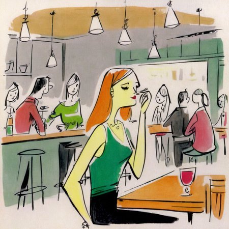 drawix23  girl in a cafe in the background people at tables and a colorful bar,  very detailed<lora:drawix23:1>