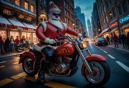 score_9, score_8_up, score_7_up,  Robotic Santa Claus in sunglasses rides to collect presents on a Harley-Davidson motorcycle, Christmad techтo city background