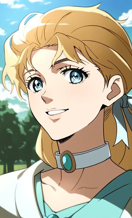 j0j0, score_8_up, score_7_up, source_manga, rating_questionable, <lora:j0j0XLP:0.4>, er1n4a, girl, blonde hair, messy hair, ribbons, blue eyes, smile expression, jewelled choker, teal dress, coat, close up, outdoors, at a barn in the countryside, <lora:JoJos_Bizarre_Adventure_Erina_Pendleton_-_Pony:0.8>