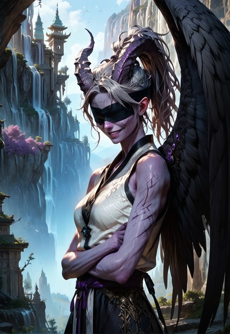 (absurdres, best quality, masterpiece:1.4), 
score_9, score_8_up, score_7_up, score_6_up, 
detailed, 
detailed body, 
detailed face, 
(((smooth skin, unbroken skin, detailed skin))), 
fantasy, 
alone, 

female, 
tiefling, 
h0rns, 
ram horns, 
black horns, 
tall, 
((((purple skin)))), 
((long grey hair, ponytail)), 
(((wingsd, black wings))),

crossed arms, arms across stomach, 
soft smile,

(white robe, sleeveless, 
blindfold, black cloth blindfold), 

depth of field, 
outdoors, 
mountain temple, 
upper body