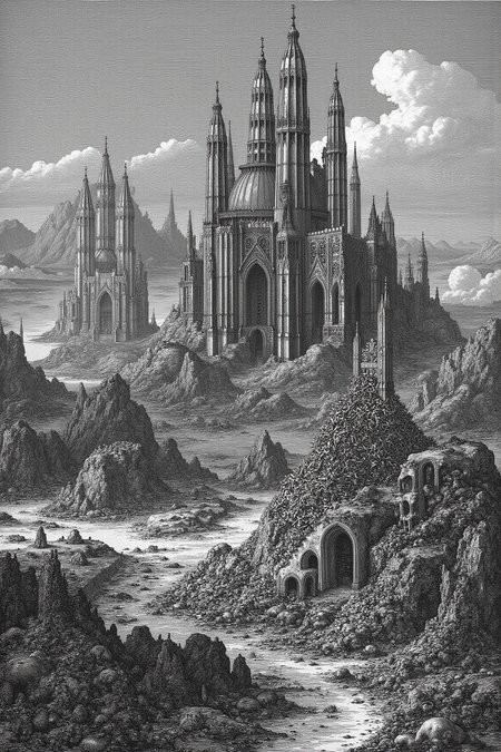 YFG-LBGadgets, YFG-Durer, A hauntingly beautiful scene of a medieval landscape, where the ruins of a once grand city are sprawled out before you. In the foreground, you see a pile of eroded bones, the remnants of the city's past inhabitants. But as your eyes adjust, you notice something truly remarkable - a cluster of cathedrals rising up, built from the very bones of those who came before. The buildings are tall and ornate, their intricate carvings and arching structures reflecting the devotion and dedication of their creators. The effect is both eerie and awe-inspiring, a testament to the enduring spirit of mankind. 8K, masterpiece, high detail, extreme sharpness