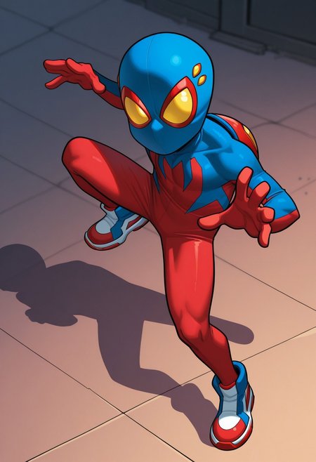 1boy, male focus, cute boy, BaileyBriggs, Mask, Yellow Eyes, Spiderboy Costume, Two-tone Bodysuit, Red Bodysuit, Blue Bodysuit, Red Blue Sneakers, cinematic, intricately detailed illustration, depth of field, masterpiece, best quality, amazing quality, very aesthetic, absurdres, newest, very awa, shadow, dynamic angle, casual cosplay, dynamic pose,  action pose,