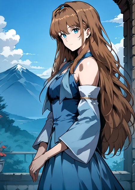 <lora:Anjac_Protesia:1>
1 girl, solo, brown hair, long hair, hair between eyes, bangs, blue eyes,  <lora:!action-sdxl-V0.5:1>
blue dress,  detached sleeves, hairband, skirt, long dress, wide sleeves, bare shoulders, 
score_9, score_8_up, score_7_up, source anime, BREAK,  cowboy shot, (from side), looking back, looking at viewer, overlooking mountain, high altitude, scenery, exterior, background, (solo), perfect hands, <lora:light:1>