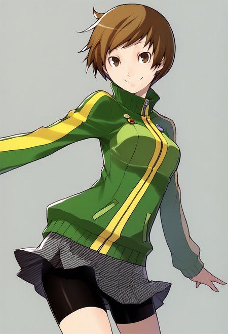 score_9, score_7_up BREAK solo, 1girl, smile, looking at viewer, simple background,  <lora:Yasuda-Suzuhito_GLoRA-pdxl_Fp:1>,  <lora:zs_ChieXL:0.8>, chiedef, brown hair, short hair, brown eyes, green track jacket, badges, skirt, houndstooth, bike shorts,