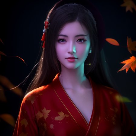 best quality, masterpiece, highres, 1girl,(Beautiful face),chinese clothes,red Taoist robes,upon_body, tyndall effect,photorealistic,atmospheric perspective, dark studio, rim lighting, two tone lighting,(high detailed skin:1.2), autumn leaves,8k uhd, dslr, soft lighting, high quality, volumetric lighting, candid, Photograph, high resolution, 4k, 8k, Bokeh,