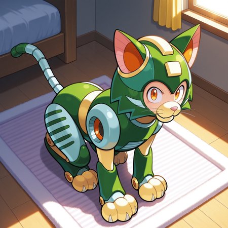 male, robot, feline, cat, non-humanoid robot, feral, green helmet, cat-like ears, animal ears, orange eyes, cat muzzle, pink nose, green and gray body, two whiskers, mechanical tail, light yellow paws, 

BREAK sitting on white rug, looking at viewer, happy, from above, indoors, bedroom, windows, sunlight

BREAK best quality, amazing quality, very aesthetic, absurdres, newest, masterpiece, high quality
