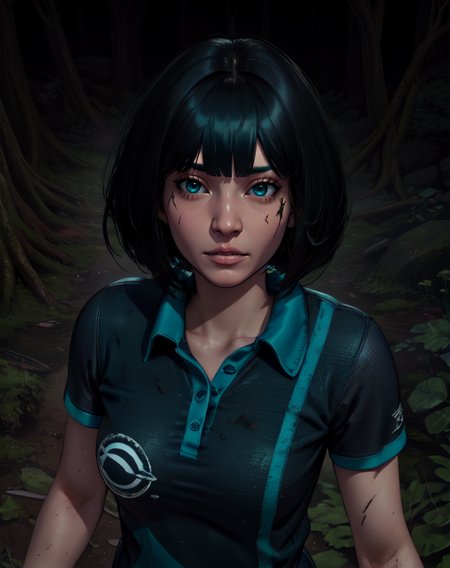FengMin,black bob cut,
standing,dirty,upper body,
black and teal collared shirt,short sleeves,
nighttime,forest,horror movie,cabin,from above,(cleavage:0.7),
(insanely detailed, beautiful detailed face, masterpiece, best quality) cinematic lighting,
<lora:FengMin-10v6:0.8>,