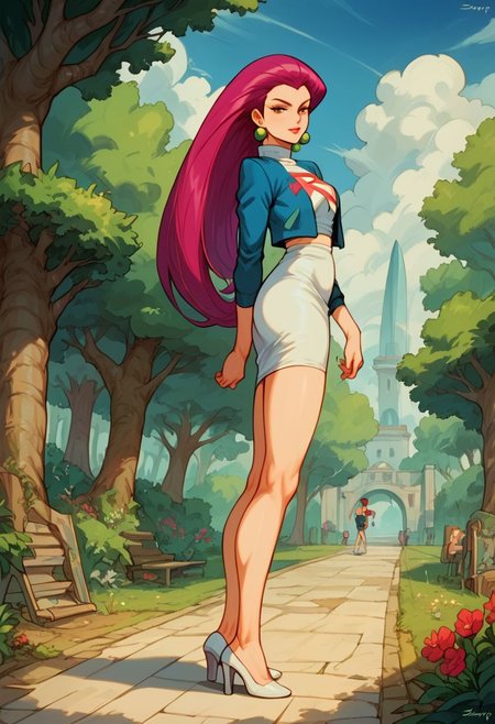 Score_9_up, score_8_up, score_7_up, Jessie (pokemon), outdoors, , head is tilted, looking at viewer, feet to viewer, full body, shoe dangle