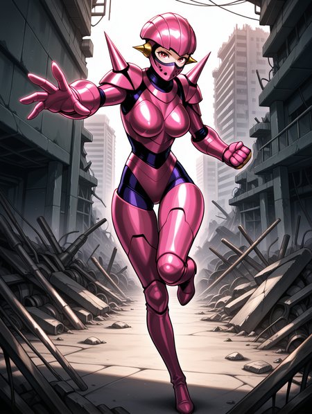 incoming punch,full armor,robot girl,robolady,1girl,solo,clenched hands,full body,pink thigh boots,looking at viewer,covered mouth,mouth mask,pink helmet,pink armor,shoulder spikes,pink gauntlets,purple bodystocking,ruins,factory,outstretched hand,shiny,fighting stance,standing on one leg,
masterpiece,best quality,amazing quality,very aesthetic,absurdres,newest,<lora:Robolady illuXL v1:0.7>,