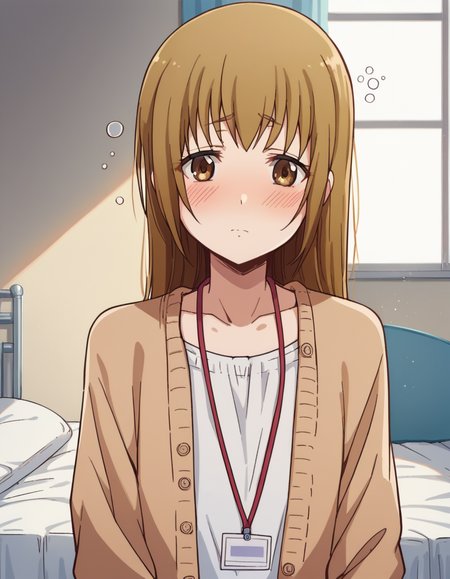 score_9, score_8_up, score_7_up, source_anime, <lora:saya-miyoshi-s1-ponyxl-lora-nochekaiser:1>, saya miyoshi, long hair, brown hair, brown eyes,, collarbone, cardigan, id card, lanyard,, indoors, bed, bed room, on side, blush, drunk, looking at viewer, solo,, cowboy shot, dutch angle