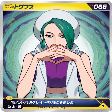 1boy, Wallace (Pokemon ORAS),male focus, sidelocks, short hair, Green hair, white headwear, crop top, purple shirt, sleeveless, white vest, white pants,
20-year-old,
gendou_pose, own hands together, own hands clasped, interlocked fingers,upper body
in Take style,
Pokemon TCG,
