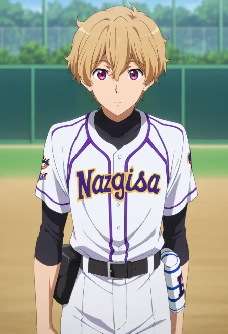 masterpiece, best quality, , anime screencap, anime coloring, official style, looking at viewer, 1boy, solo, male focus, <lora:nagisa_hazuki_ilxl:0.98>, nagisa_hazuki, blonde hair, purple eyes, , Jumpsuit, Baseball jersey, , , Belt bag