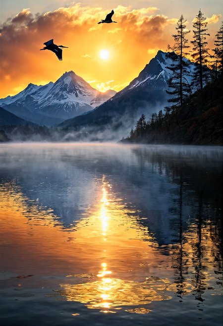 Sunrise gradually illuminating a tranquil mountain lake, dense fog obscuring the mountain peaks, scarlet and gold sky reflected in the still water, lone silhouette of a heron in flight, subtle ripples in the foreground catching the first light, serene, ultra realistic, golden ratio.