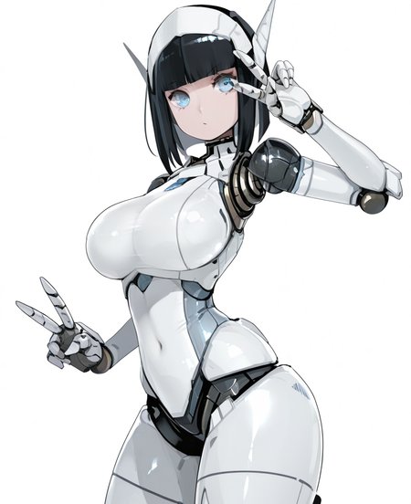 <lora:sc5:1> sc5,
(masterpiece), (best quality), (ultra-detailed), amazing quality, very aesthetic, illustration, perfect composition, intricate details, absurdres, incredibly absurdres, shiny skin, realistic,
 sc5, solo, 1girl, blue eyes, breasts, white background, robot joints, android, looking at viewer, joints, simple background, blunt bangs, v, no humans, robot, black hair, sensitive