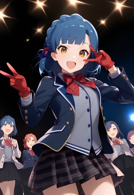 1girl,
nanao yuriko,


medium hair, blue hair, idol, plaid skirt, cowboy shot, open jacket, black skirt, red gloves, bowtie, blazer, skirt, blue bow, yellow eyes, pleated skirt, smile, red bow, shirt, grey shirt, v, long sleeves, plaid, standing, gloves, looking at viewer, bow, :d, dress shirt, jacket, school uniform, open clothes, braid, solo, blunt bangs, open mouth, crown braid, red bowtie, double v,

sfw
<lora:a31_char_new_nanao_yuriko-000028:1> <lora:a31_style_koni-000010:0.8>