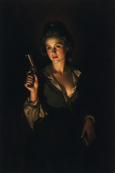 josephwright1 painting. 
a mysterious woman with dark, wavy hair and piercing eyes stands in the shadows of a dimly lit room, illuminated by a single light source. She is holding a small revolver with a delicate yet firm grip. Her intentions unclear but dangerous. The lighting creates a dramatic contrast.
 <lora:josephwright1_cap_d6a3e12:1.0><lora:849161586764469103:0>