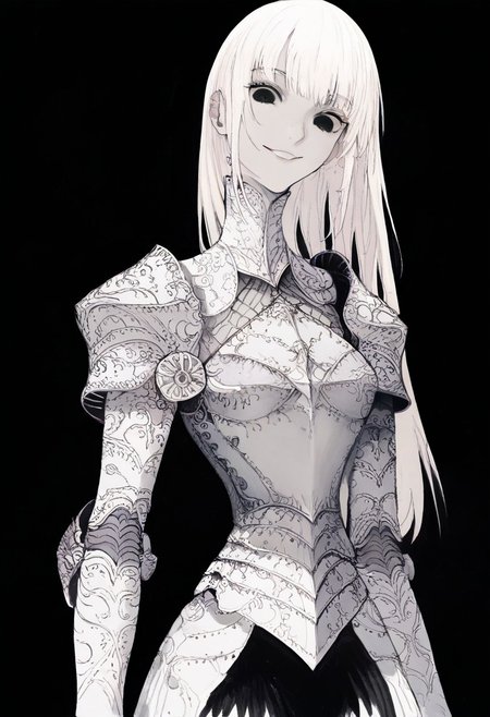 solo, looking at viewer, black eyes, black background, 1woman, long white hair, extremely pale skin, smirking, confident, white and black armor, masterpiece, best quality, very aesthetic, absurdres
 <lora:monfornoob:0.95>