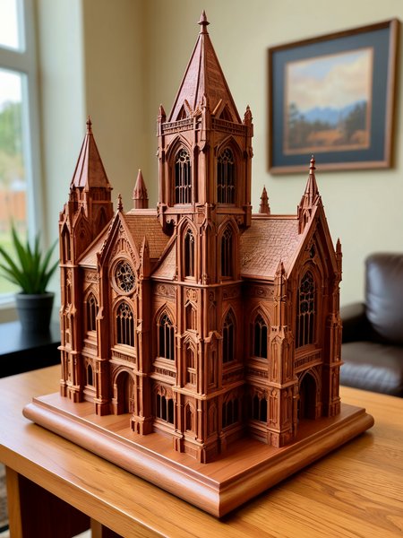 award winning photo, 

The magnificent craftsmanship of a miniature cathedral carved from a block of solid Redwood. It sits on a table in my living room.