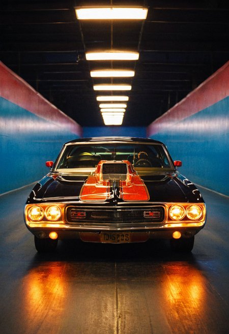VintageMuscleCar gleaming dragster tunnel, symmetrical front view, bright headlights, neon lights, glass background, light reflections, 4K, highly detailed, closeup (stylish grainy analog film photo 35mm vintage Kodachrome)